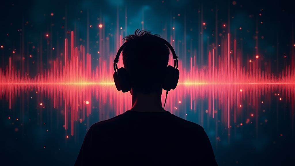 Abstract sound waves background with listener silhouette